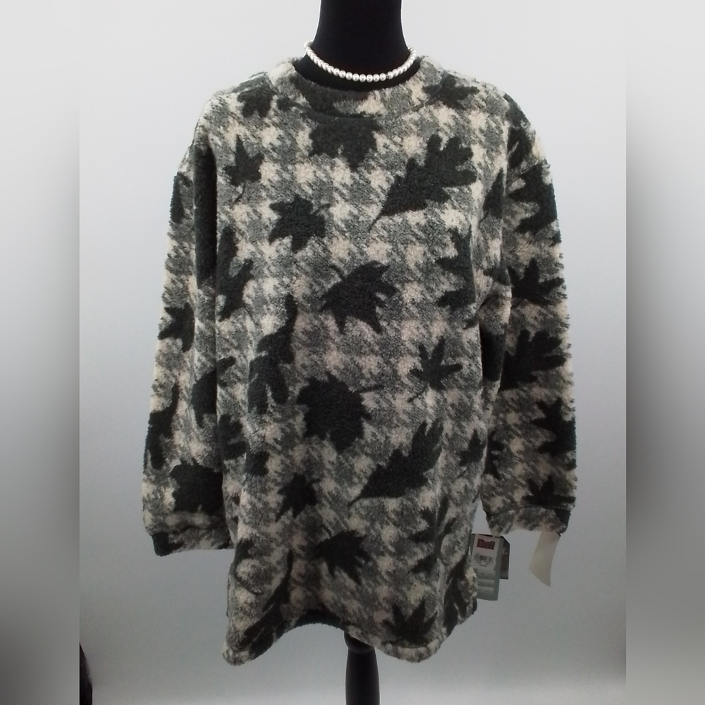 1990's NWT WOOLRICH Gray / Cream Oversized LEAF Fleece Sweater Sz M VINTAGE